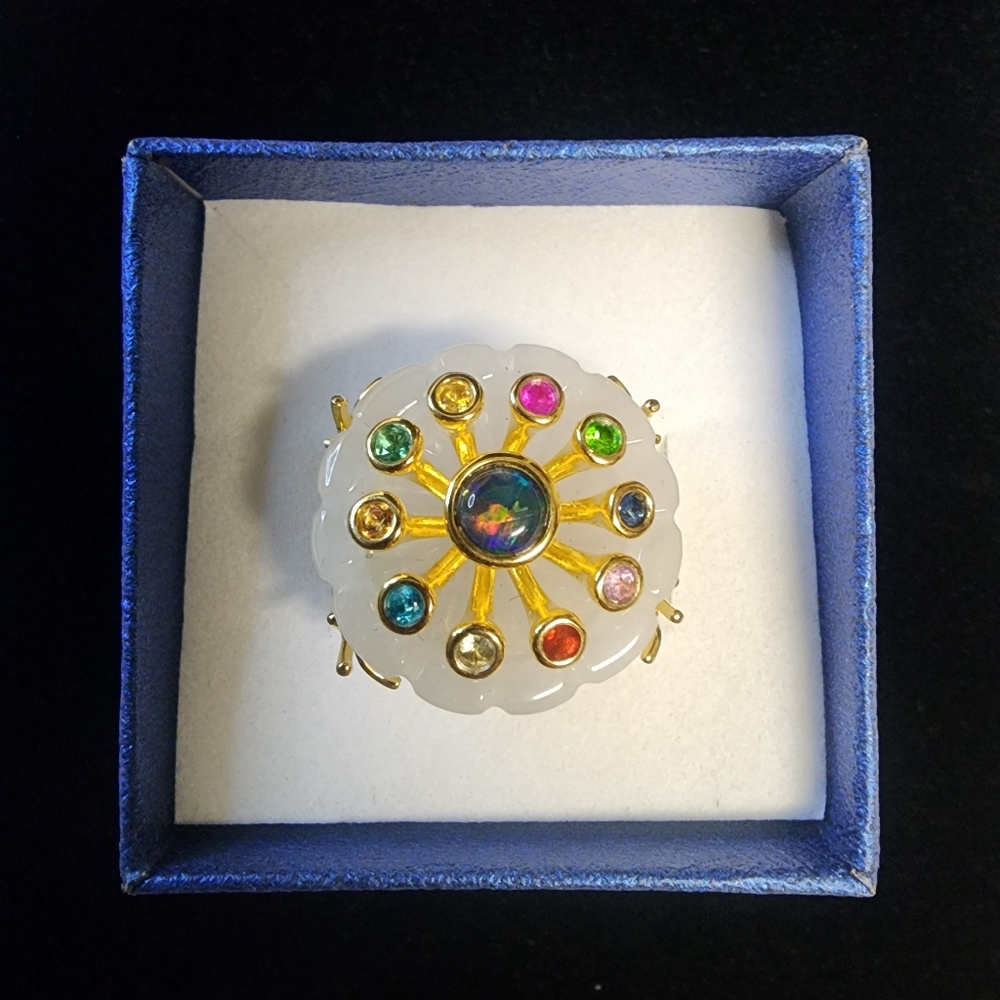 White Jade Carved, Multi Gemstone Ring